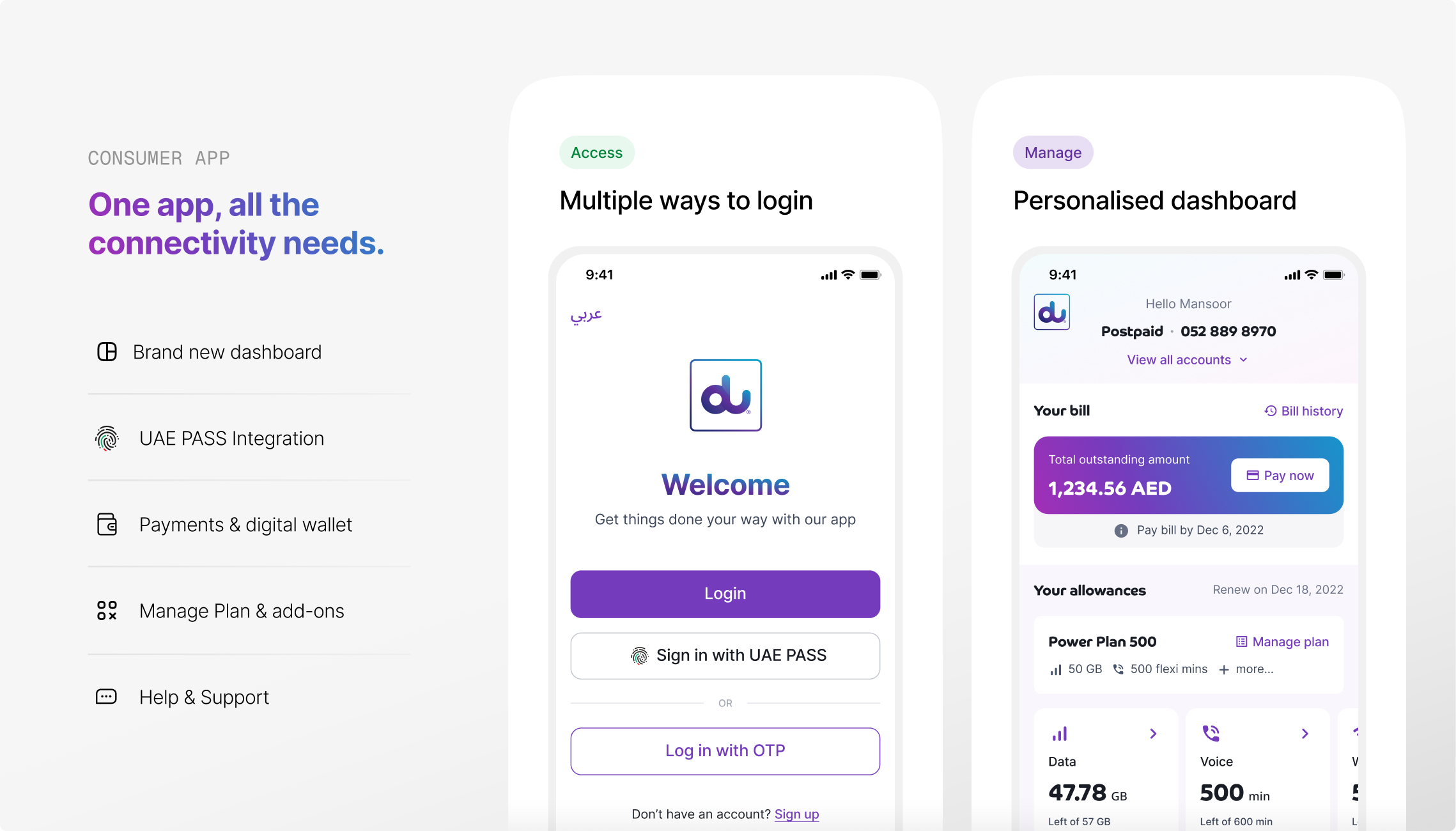 du Consumer App — screens showing dashboard, login options, and key features
