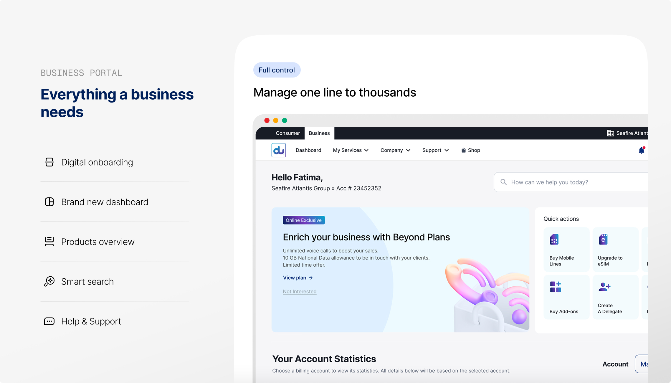 du Business Portal — enterprise dashboard for managing connectivity across a fleet of lines
